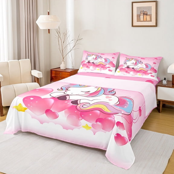 jejeloiu Rainbow Kawaii Unicorn Twin Sheet Sets,Magic Animal Twin Fitted Sheet,Pink Heart Print Flat Sheet For Children,Breathable Home Decor,3 Pieces