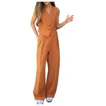 XuJwPNcy Cotton Linen Set for Women Button down V Neck Vest Sleeveless Tops and Wide Leg Pants Suits 2 Piece Lounge Outfits