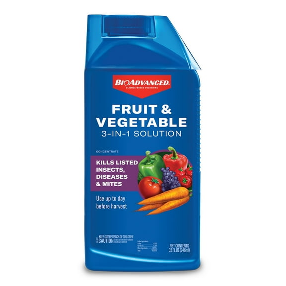 BioAdvanced Fruit & Vegetable 3n1 Solution 32oz Concentrate, Kills Listed Insects: Aphids, Caterpillars, Mites, Beet Armyworms, Beetles and More! Controls; Black Spot, Powdery Mildew, Rust and More!