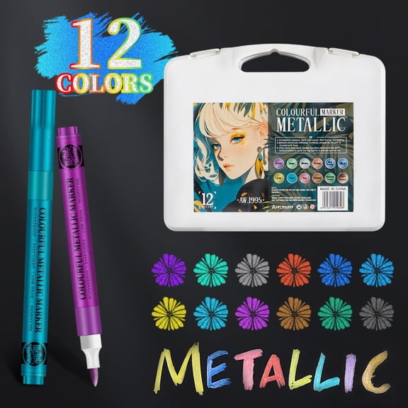 Denhf 12Pcs Acrylic Paint Markers, Metallic Paint Pens, Permanent Coloring Markers for Stone, Wood, Canvas, Ceramic, Metal, Glass, Rock Painting, and DIY Crafts, 12 Colors, White Box
