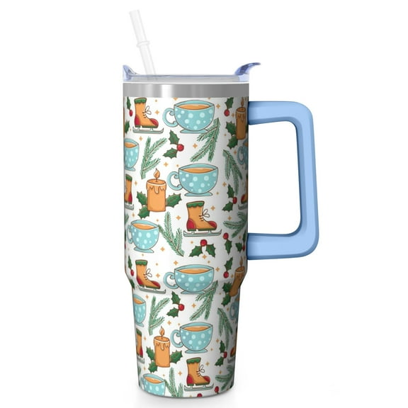 Santa Claus 30oz Christmas Tumbler with Handle and Straw, Holiday Festive Mug, Winter Snowflakes Insulated Cup, Stainless Steel Gifts for Women