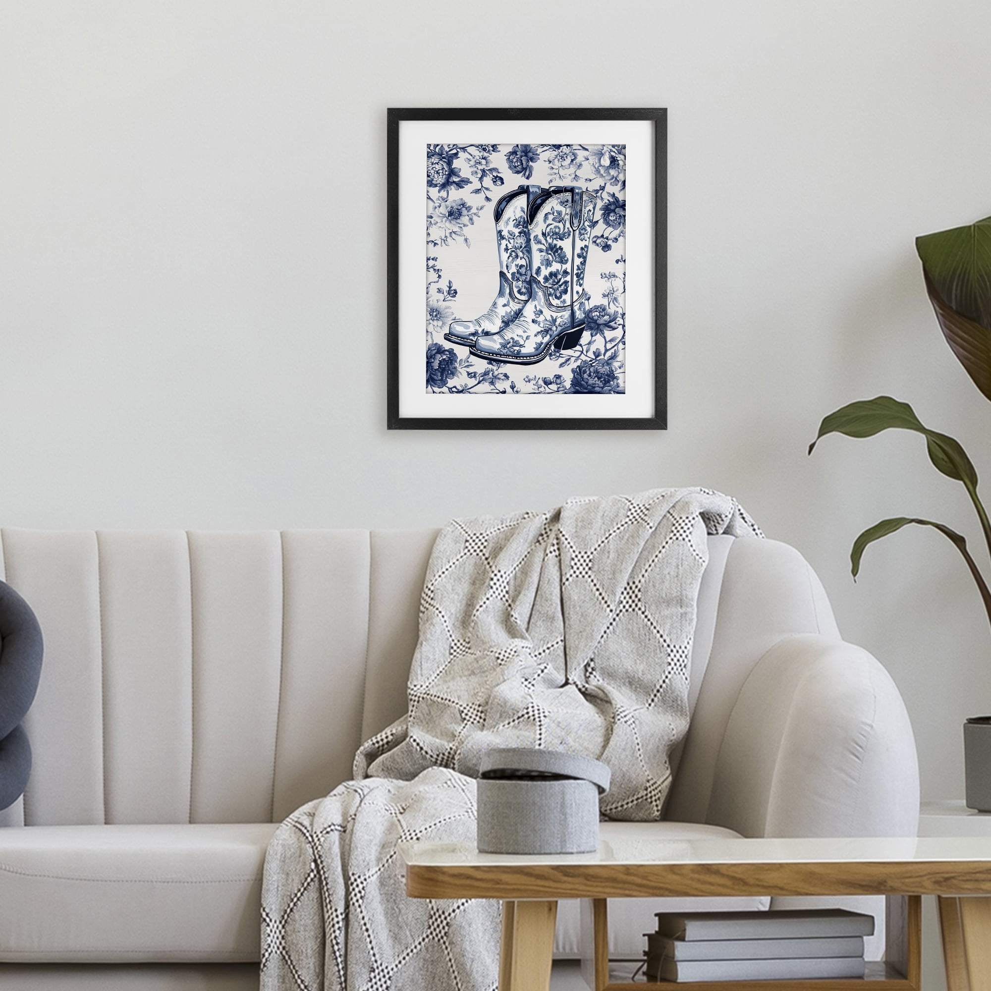 Blue Spring Florals & Boots Black Framed Print Under Glass, design by Lettered and Lined