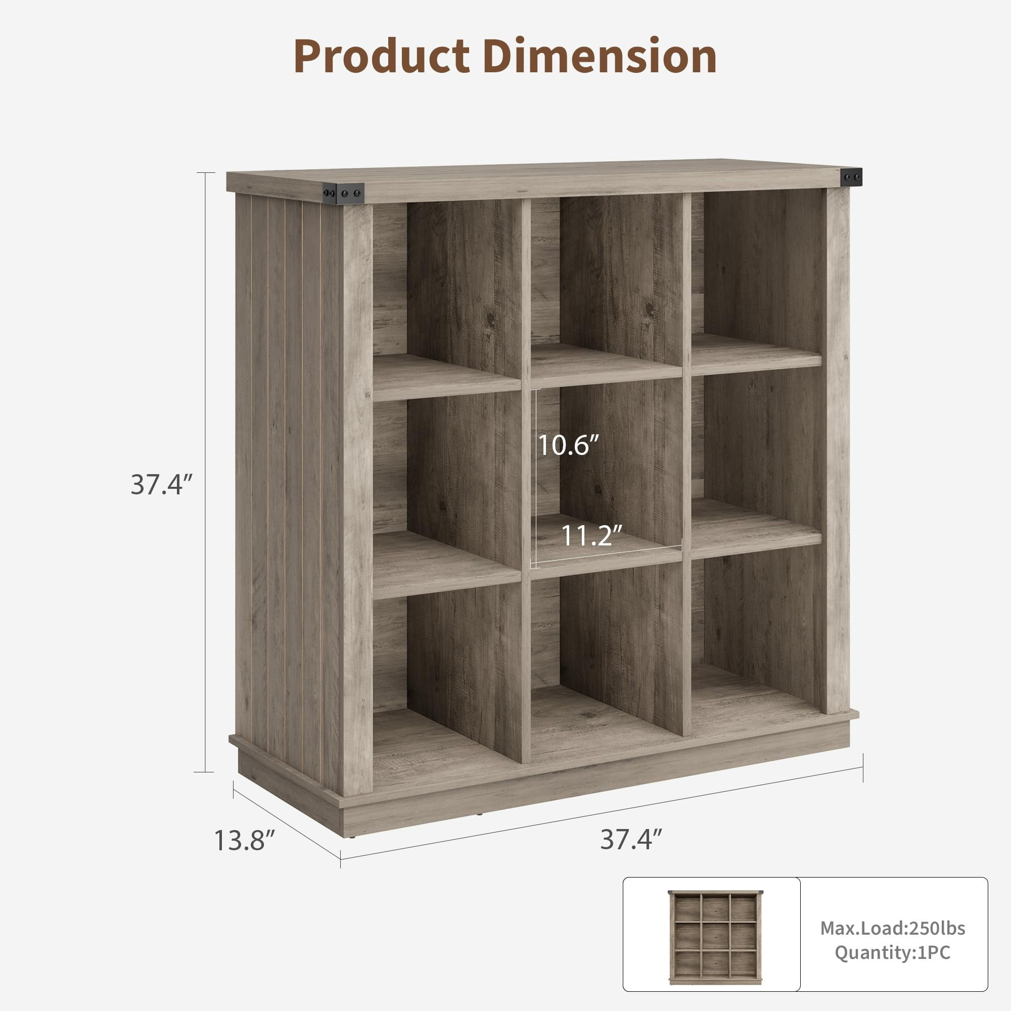 Ataucjin 9 Cube Storage Organizer Bookshelf, 4 Tier Farmhouse Horizontal Bookcase, 37.4 Inch Wood Storage Bookcase for Entryway, Long Low Bookshelves for Living Room
