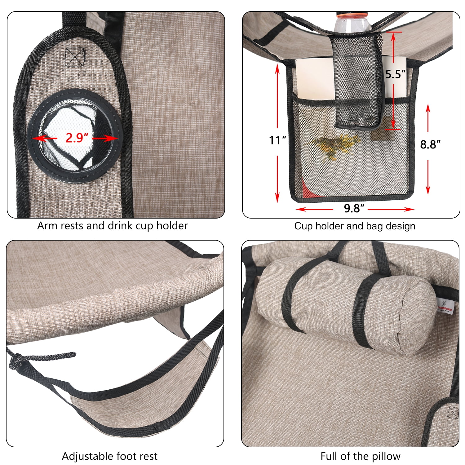 Bathonly Hammock Hanging Chair with Footrest, Sky Chair with Metal Bar and Side Pouch for Outdoor, Beige