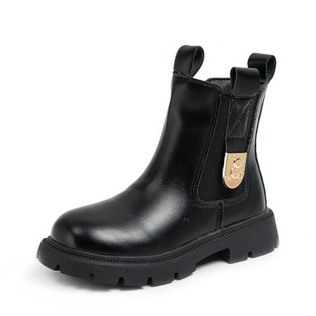 

Girls Chelsea Boots Leather Zipper Round Toe Boots Plush Warm Winter Kids Shoes