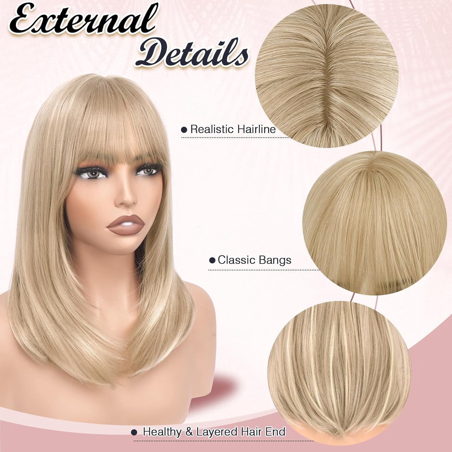 SUCS Blonde Bob Wigs with Bangs Shoulder Length Straight Natural Looking Synthetic Heat Resistant Medium Hair Wigs for Women Daily Party, 16 Inch Dirty Blonde