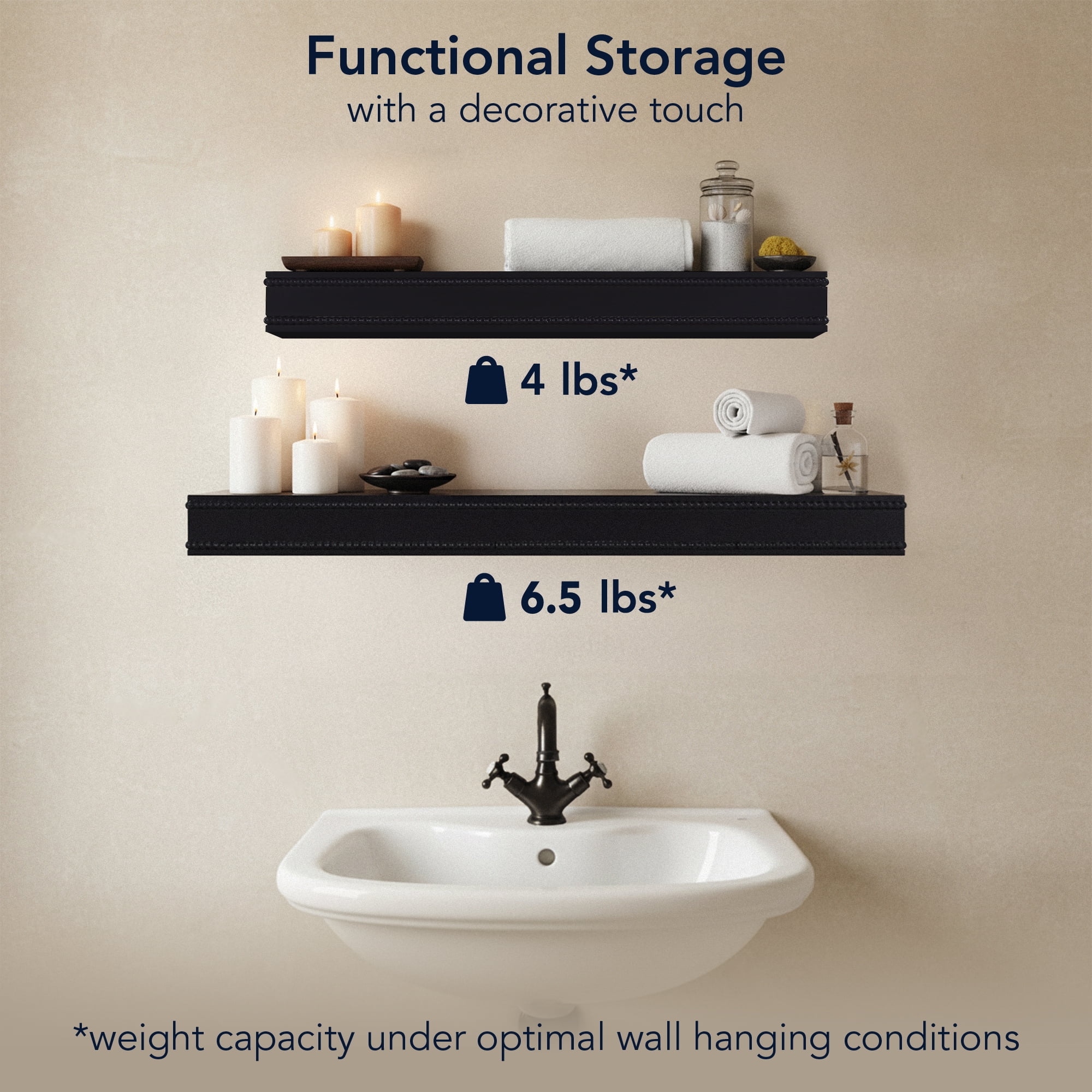 American Art Decor Beaded 2-Piece Floating Wall Shelf Set, Black Shabby Chic Carved Picture Ledge Shelves with Lip, Decorative Wall Ledge for Nursery, Gallery, or Living Room Display