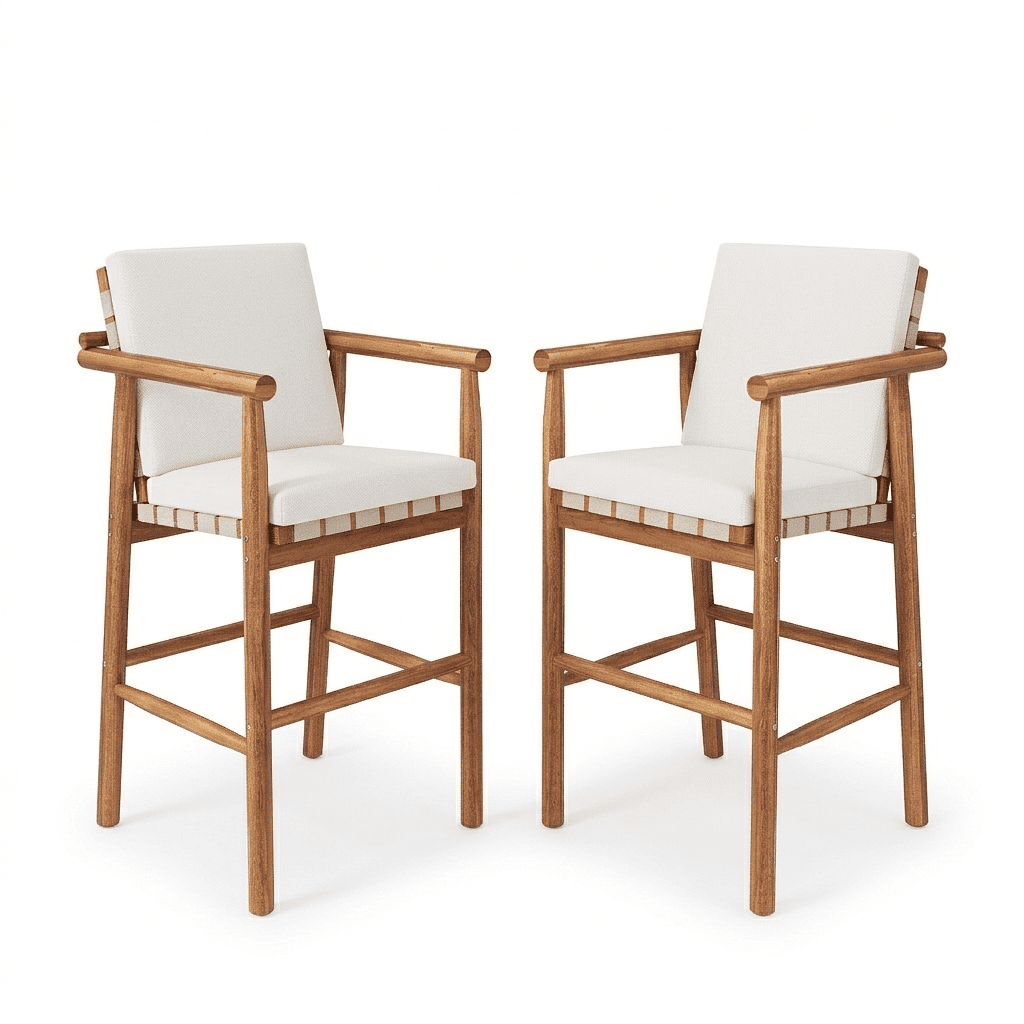 Outdoor Bar Stools Set of 2, Counter Height Acacia Wood Seats for Patio Pool, Beige