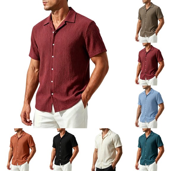 Mens Casual Textured Shirts Knit Summer Beach Vacation Short Sleeve Button Down Tops Wine