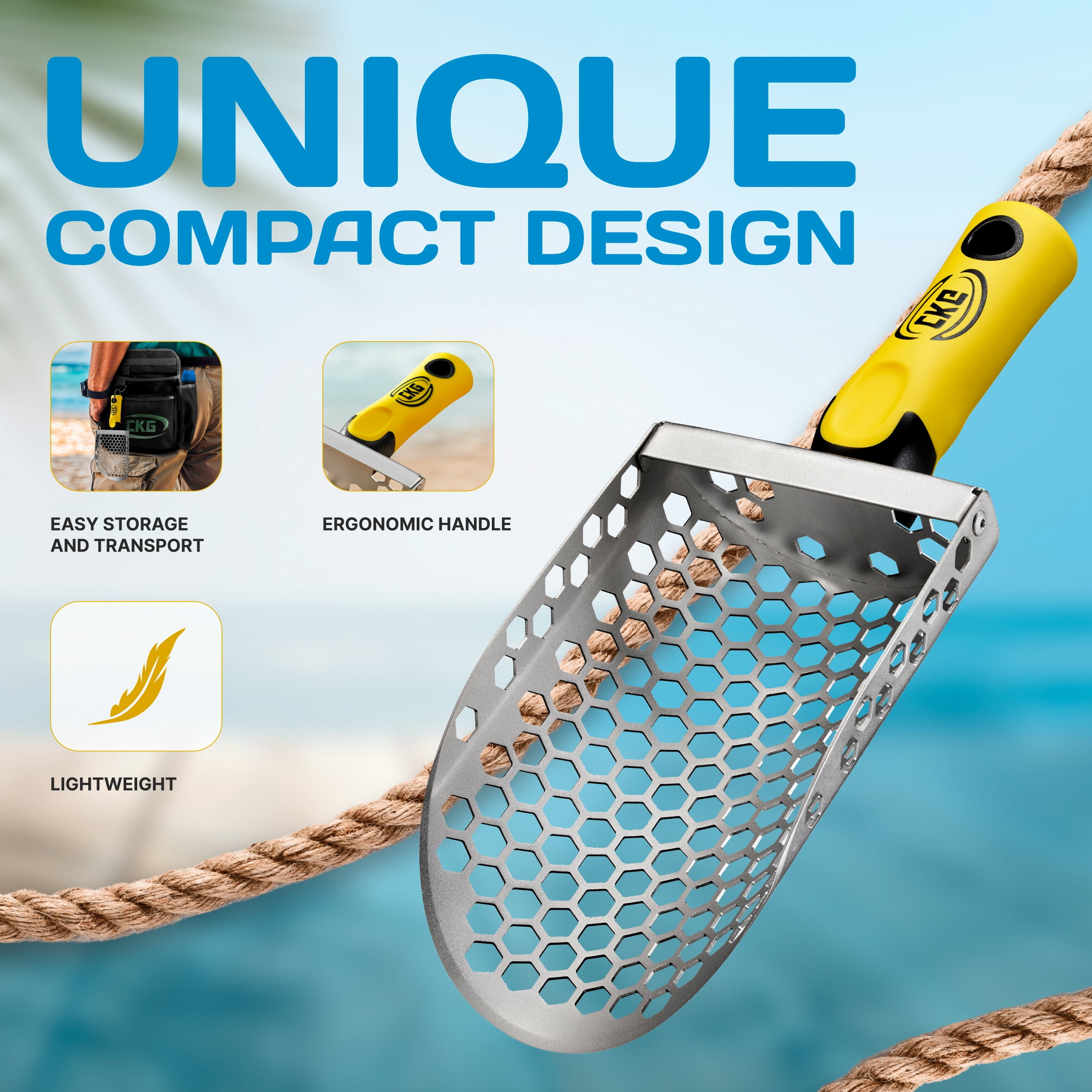 CKG Hand Sand Scoop for Metal Detecting with Ergonomic Yellow Handle, Metal Detecting Shovel for Beach Sand Sifter, Heavy Duty Stainless Steel, Perfect from Metal Detector Accessories