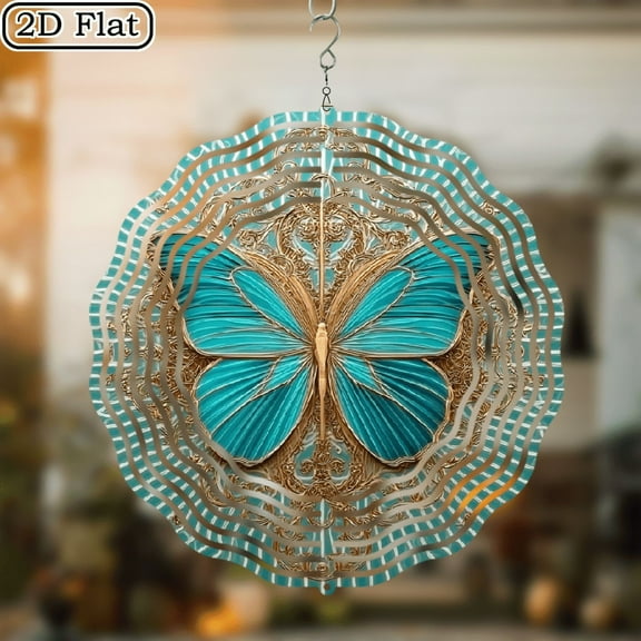 2D Flat, 10-Inch Metal Outdoor Wind Chime with Blue Golden Butterfly Windmill - rotating Rotating Hook, No Batteries Needed, Weather-Resistant Balcony Garden Decor, Elegant Birthday Gift 10*10in