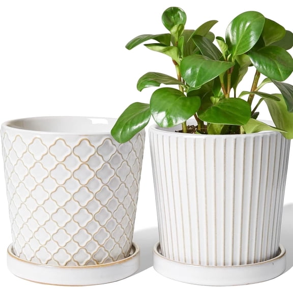 BEMAY Ceramic Plant Pots, 5.4 Inch Embossed Planters with Drainage, Set of 2, Reactive Glaze Blue