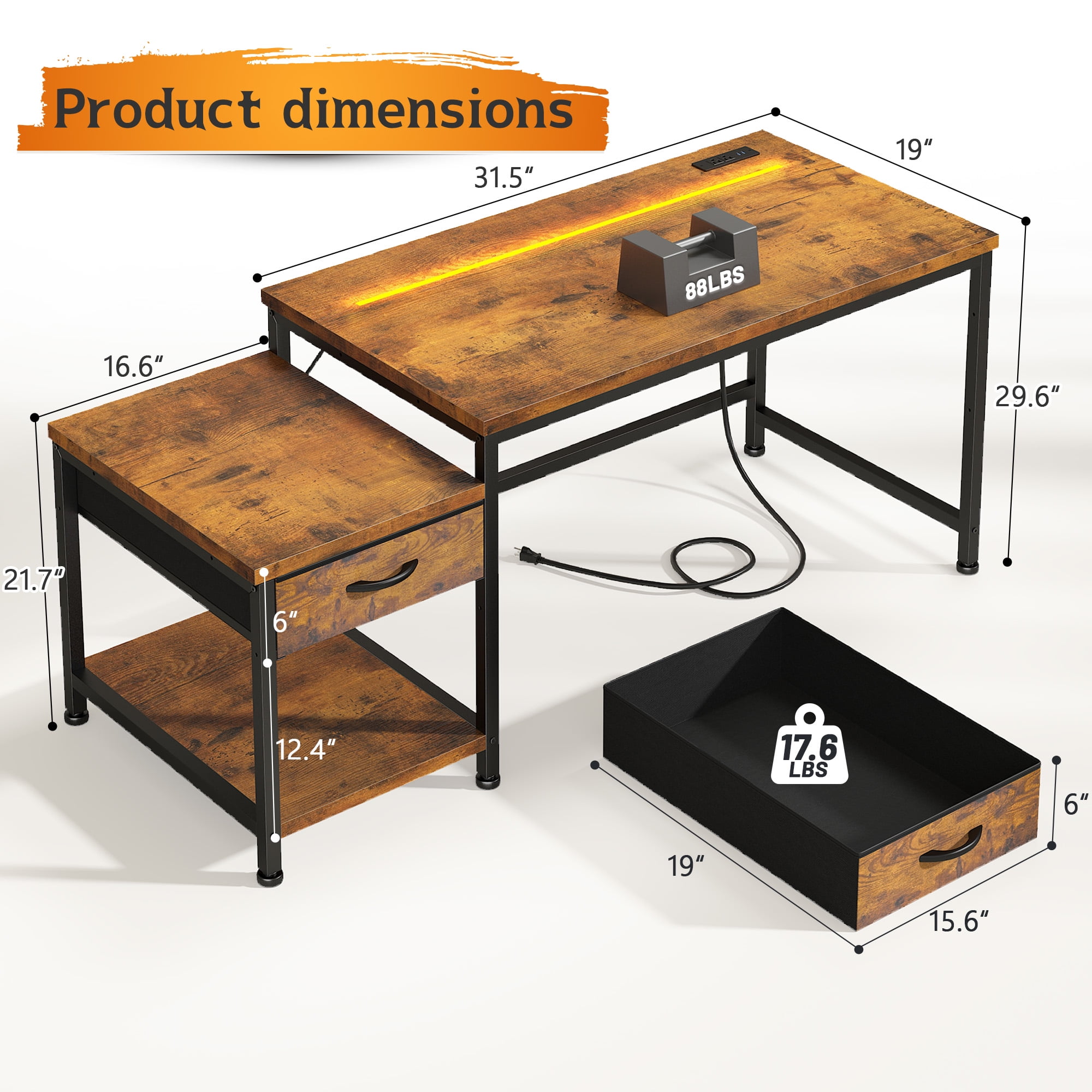 Romorgniz 56"W Gaming Desk with LED Lights & Power Outlets, Computer Desk with Fabric Drawer & Printer Shelf, Small Space Desk for Home Office, Dorm, Bedroom, Rustic Brown