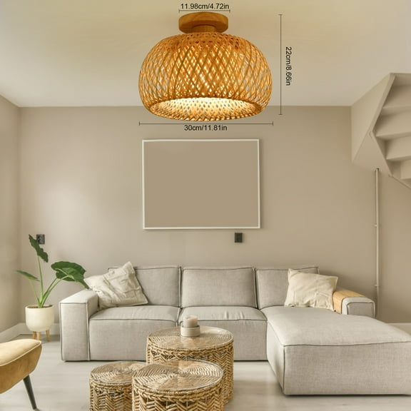 Wuzstar Bamboo Wicker Light Semi Flush Mount Ceiling Light Rattan Lampshade Ceiling Light Fixture for Hallway Dining Room