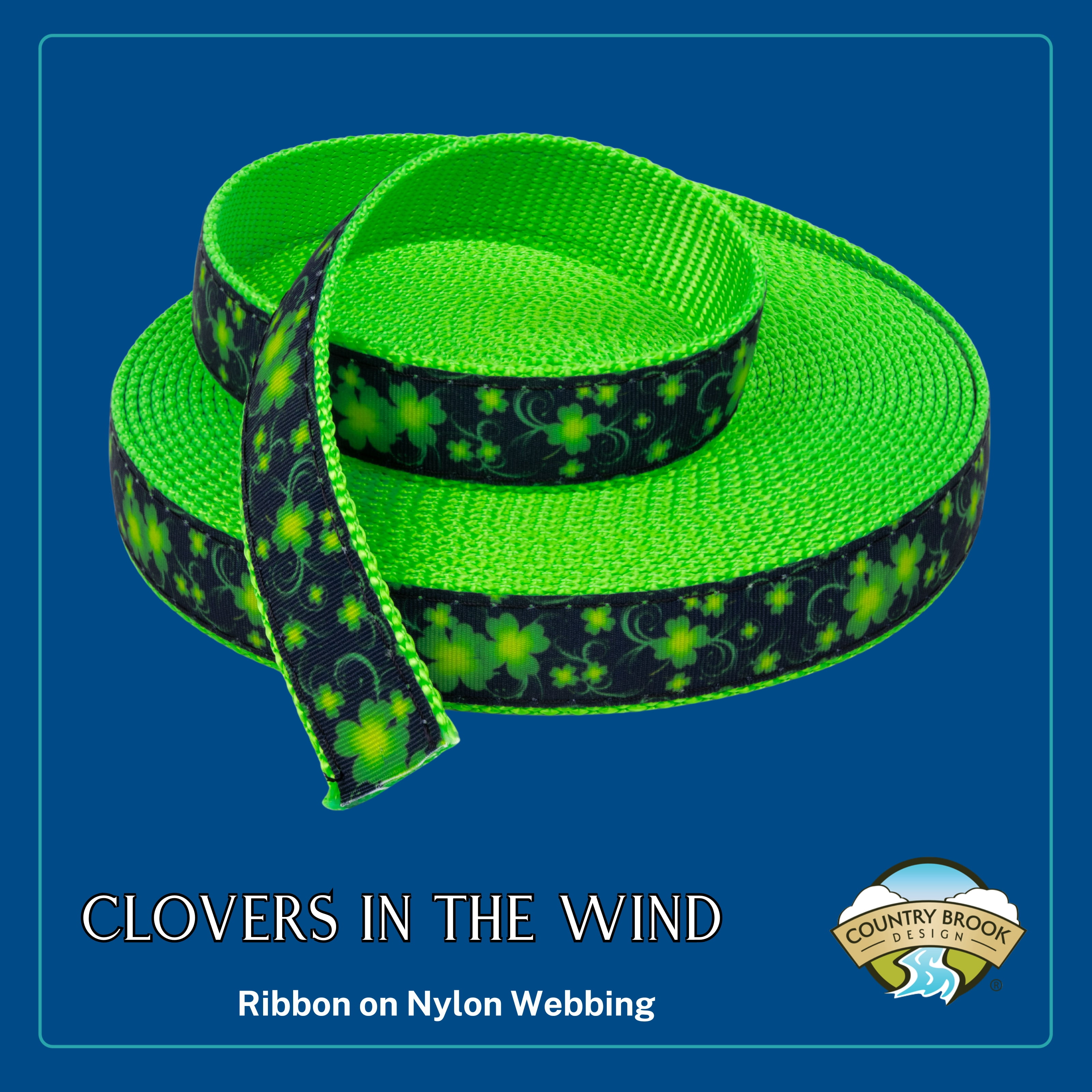 Country Brook Design - Clovers in the Wind on Hot Green Nylon Webbing (3/4 Inch, 10 Yards)