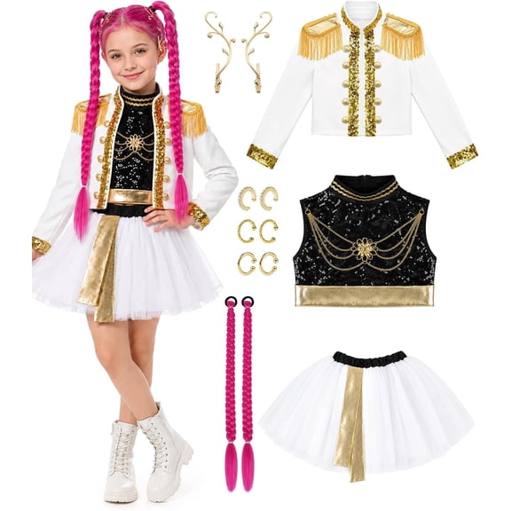 Guvpev Pop Idol Cosplay Costume Set for G'irls, Pop Singer Stage Costume, K'ids Halloween Dress Up Outfit 13-Piece Set with Jacket, Sequin Crop Top, Skirt, Ponytails & Accessories, Ages 3-12 Years