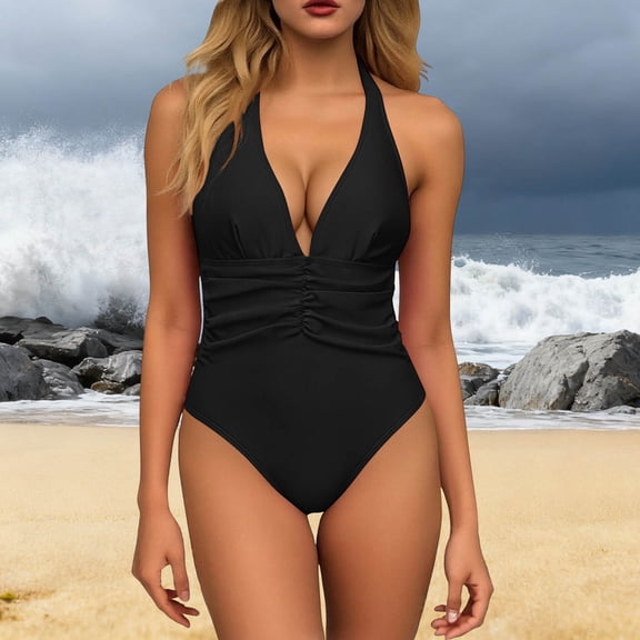 Women's One Piece Swimsuit Halter Plunging Deep V Neck Bathing Suit Bodycon Ruched Adjustable Straps