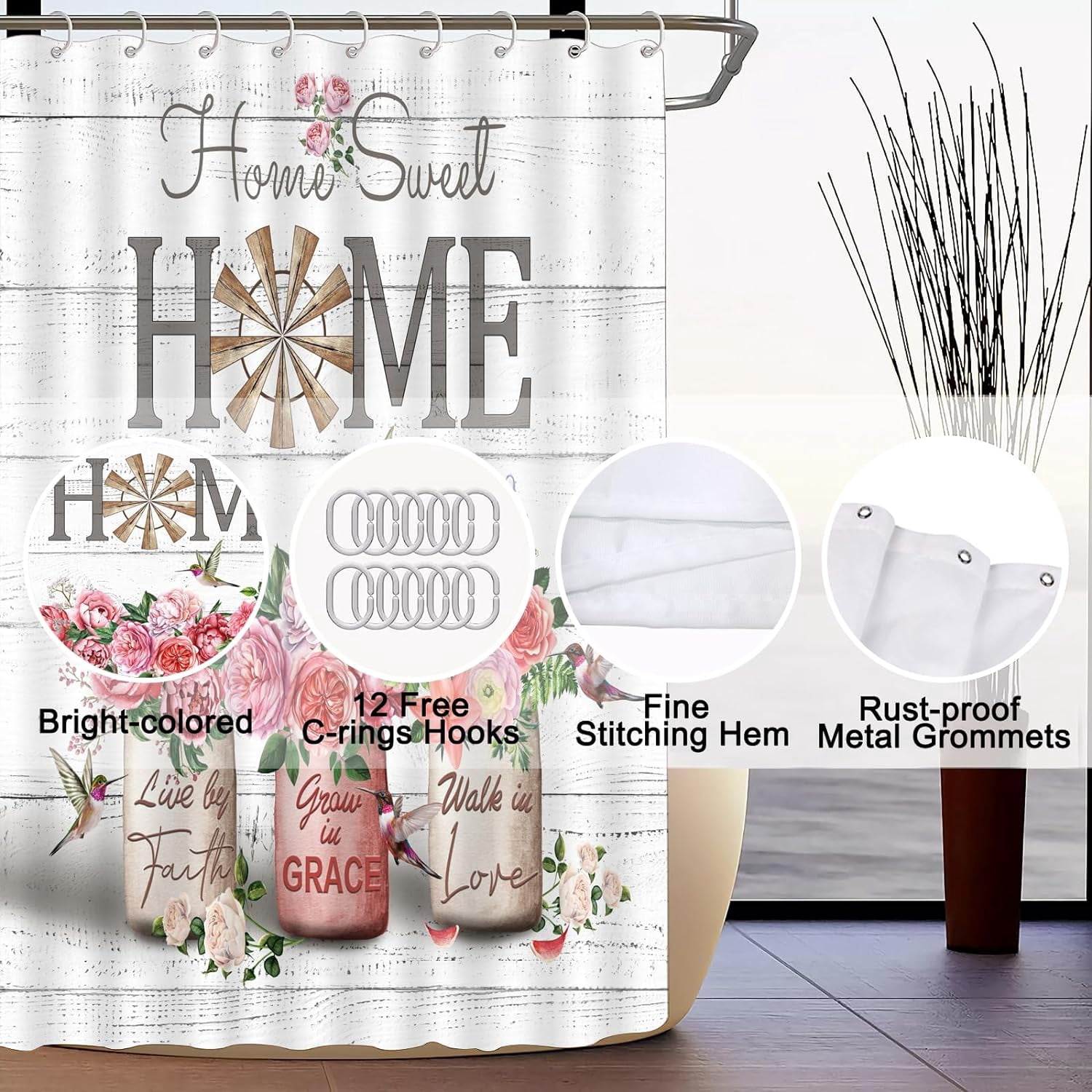 4 PCS Red Rose Peony Shower Curtain Sets Home Sweet Bathroom Set with Shower Curtain and Rugs and Accessories Farmhouse Country Shower Curtain Bathroom Decor with 12 Hooks 72 X 72 Inch