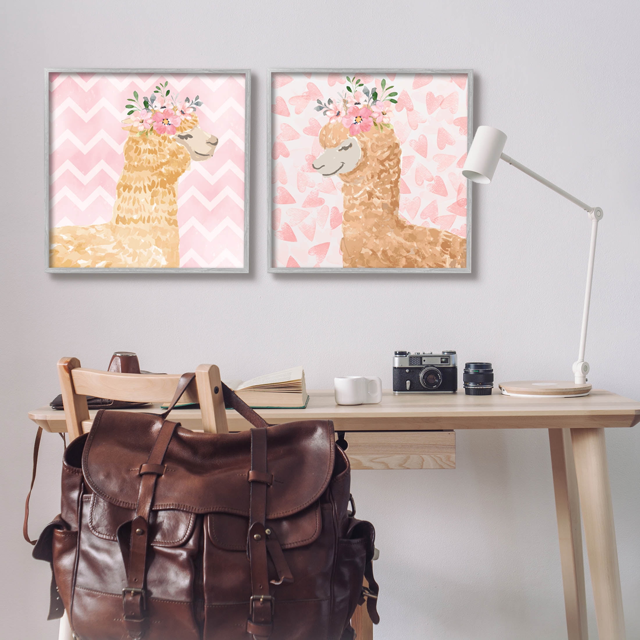 Stupell Industries Flower Power Smiling Alpacas Graphic Art Gray Framed Art Print Wall Art, Set of 2, Design by ND Art