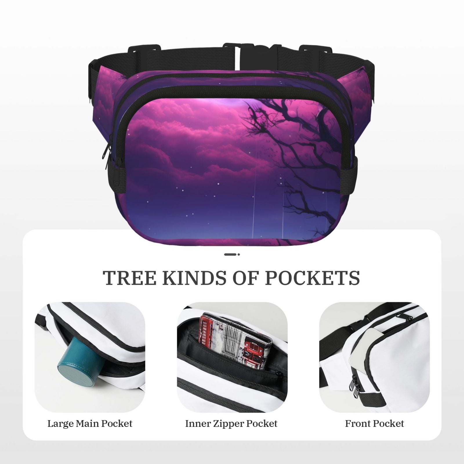 Fuzoiu Purple Moon Tree Night Sky Print Unisex Square Double Layer Waist Bag,Crossbody Fanny Pack Travel Workout Accessory