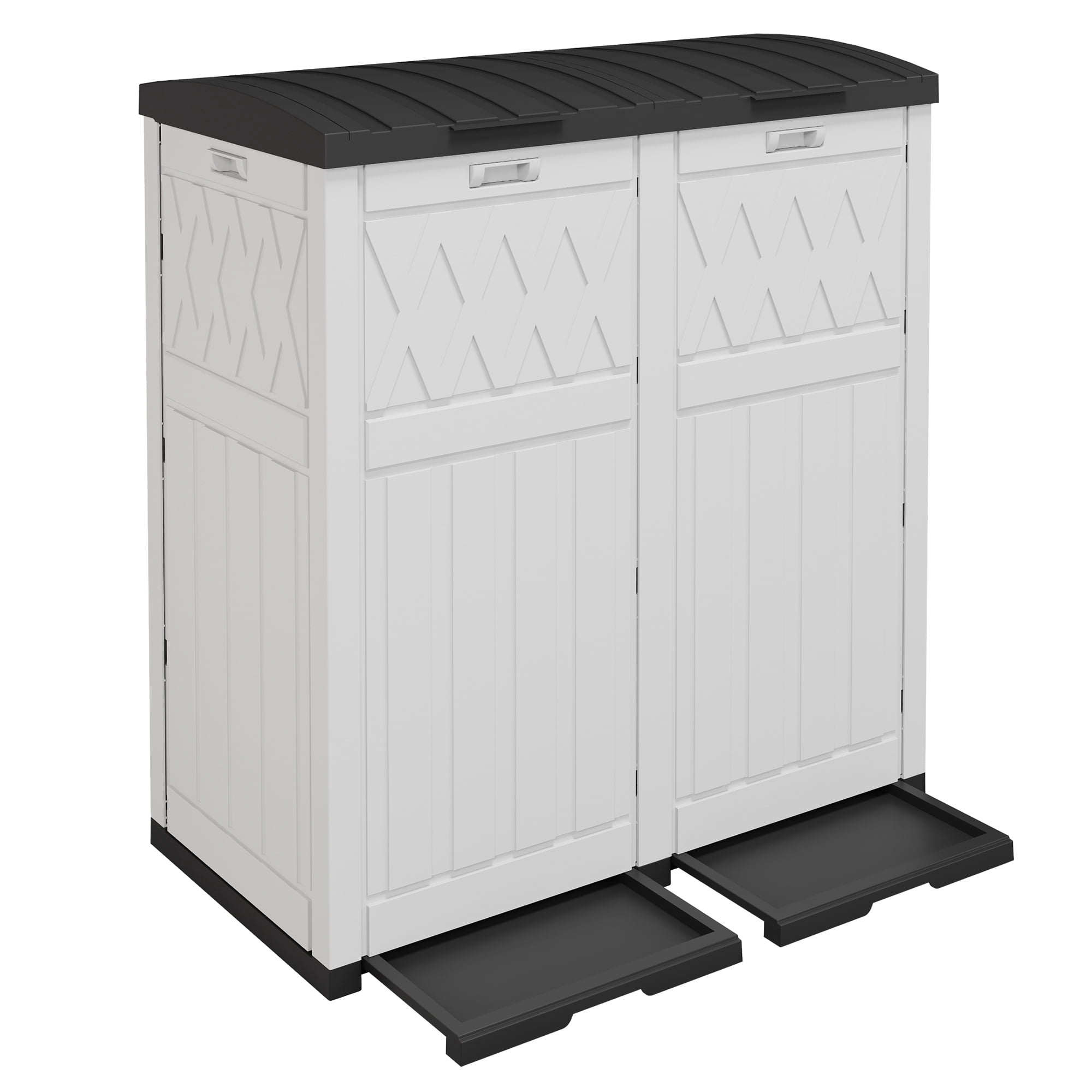 Uforic 62 Gallon Double Compartment Outdoor Trash Can, Waterproof Resin Garbage Bin with Tiered Lid and Drip Tray for Patio, Deck, Backyard, White