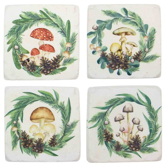 Ganz Mushroom Pine Coasters - Four Coasters 3.75 Inch, Polyresin - Set Of Four Pine Wreath Cx182802