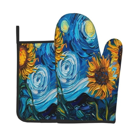 

KLL Starry Night Sunflower Field Pattern Oven Mitts and Pot Holders 2pcs Sets for Kitchen Oven Mitt Heat Resistant 536°F Oven Gloves for Kitchen Cooking and Baking