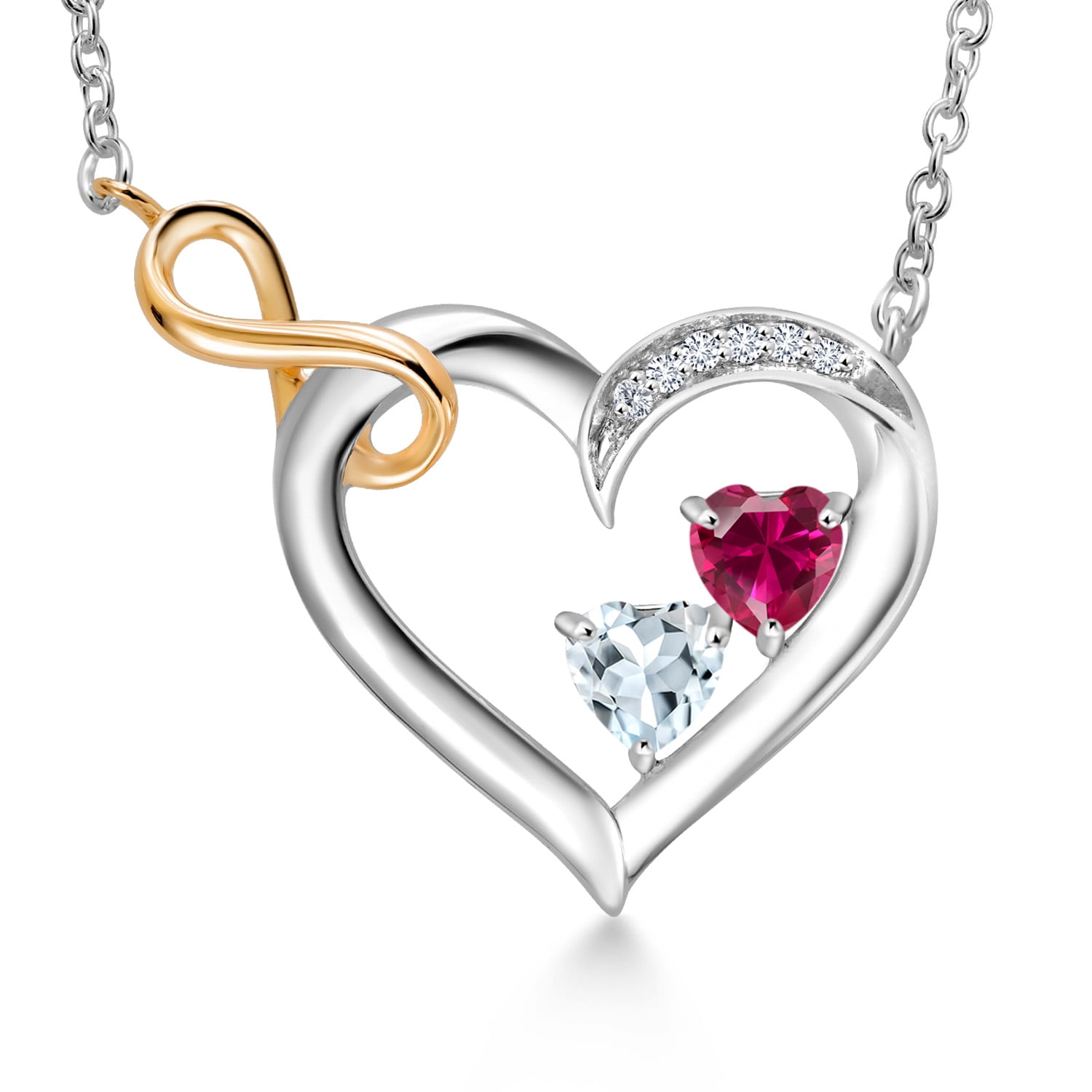 925 Silver and 10K Yellow Gold Red Created Ruby Sky Blue Aquamarine and White Lab Grown Diamond Infinity Heart Pendant Necklace for Women (0.58 Cttw, Heart Shape 4MM, with 18 inch Chain)