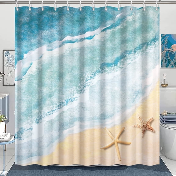 Beach Theme Shower Curtain ,Seashell Starfish Shower Curtains Waterproof Fabric with 12 Hooks,72"x72"