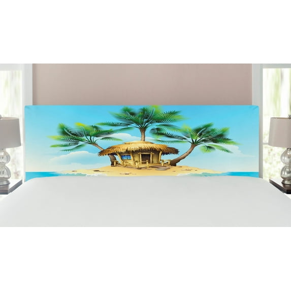 Tropical Headboard, Tropical Wooden Bungalow 3 Palm Trees in a Small Island Cartoon Art, Upholstered Decorative Metal Bed Headboard with Memory Foam, King Size, Aqua Green Beige, by Ambesonne