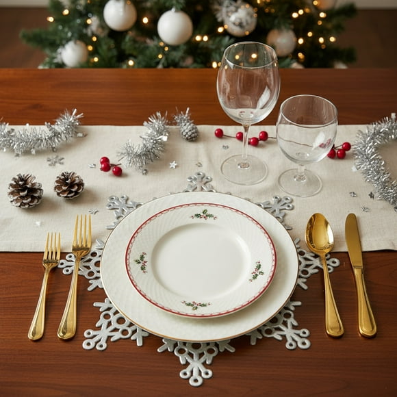 Uuiauoio Napperons Flocon de Neige Ronds Lavables Résistants à la Chaleur et aux Taches pour Décorations de Mariage Fête Vacances Ensemble de Table à Manger Décoration de Cuisine Maison