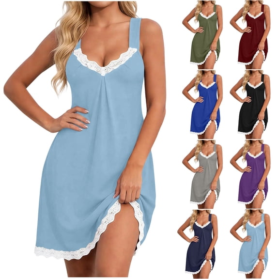 Admvng Womens Lace-Trimmed Nightgown with Built-In Bra V Neck Sleeveless Summer Everyday Dress