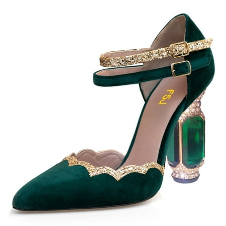 FSJ Women Sexy Crystal Sturdy Block High Heels Pumps Pointed Closed Toe Ankle Strap Adjustable Double Buckle Strap D Orsay Sandals Party Wedding Shoes Size 13 Green