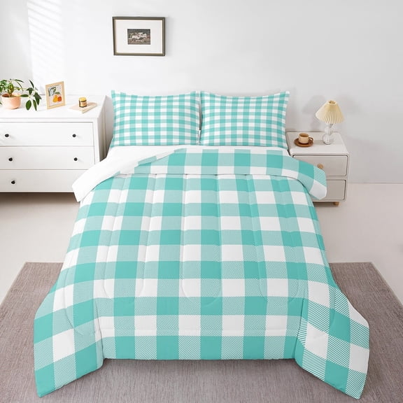 Erosebridal Teal Buffalo Bedding Twin Comforter Set,Abstract Artwork Down Comforter,Geometric Plaid Bedding Sets Twin with Comforter,Super Cozy Grid Room Decorative,3pcs
