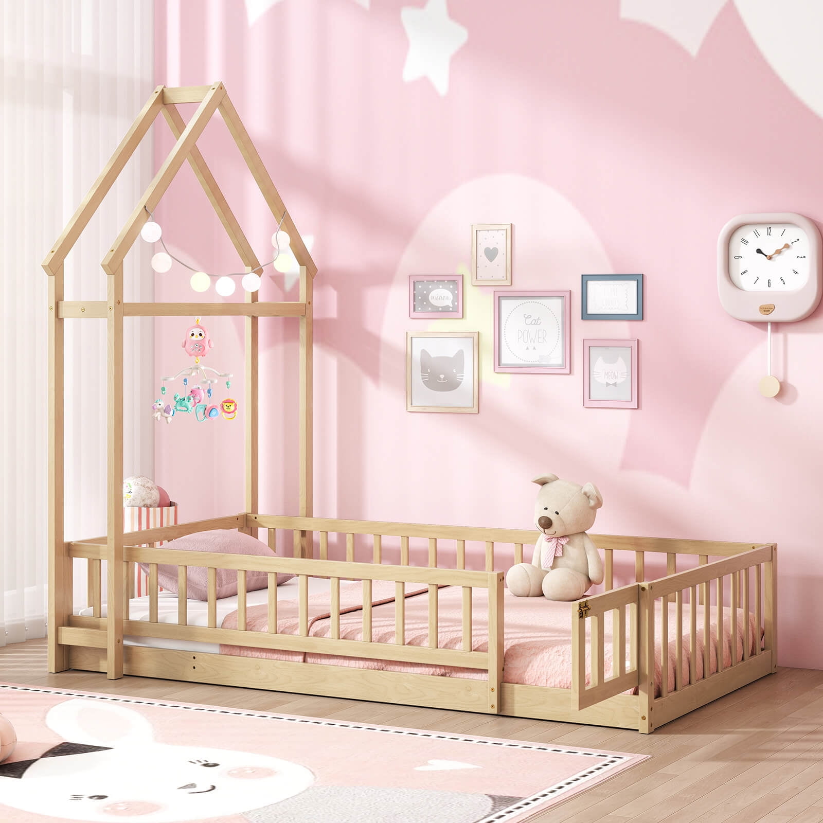 Infans Twin Size House Floor Bed w/House-shaped Headboard Clothes Hanger without Slats