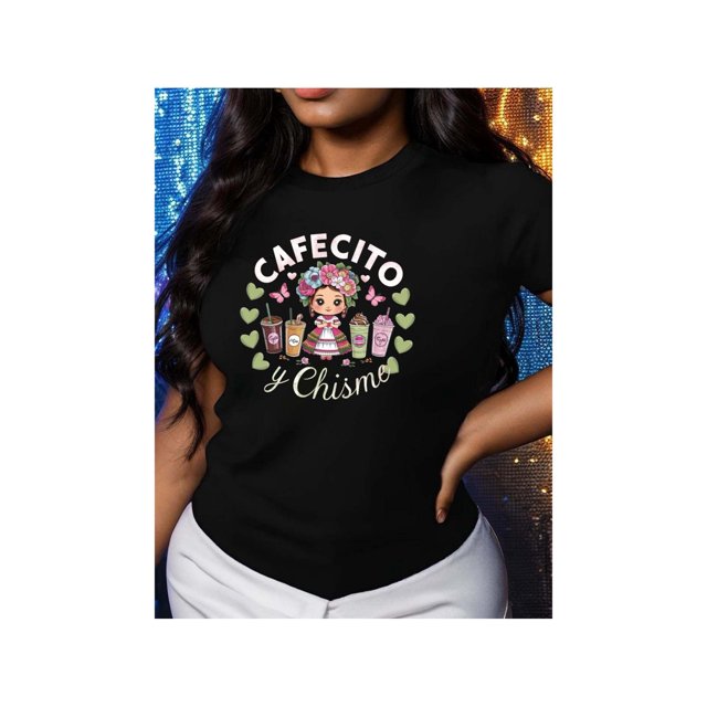 1pc Cafecito y Chisme Women's Graphic T-Shirt, 100% Pure Short Sleeve Crew Neck Tee, Casual Knit Fabric Top with Vibrant Latina Design, Coffee and Gossip Themed apparel for all Seasons