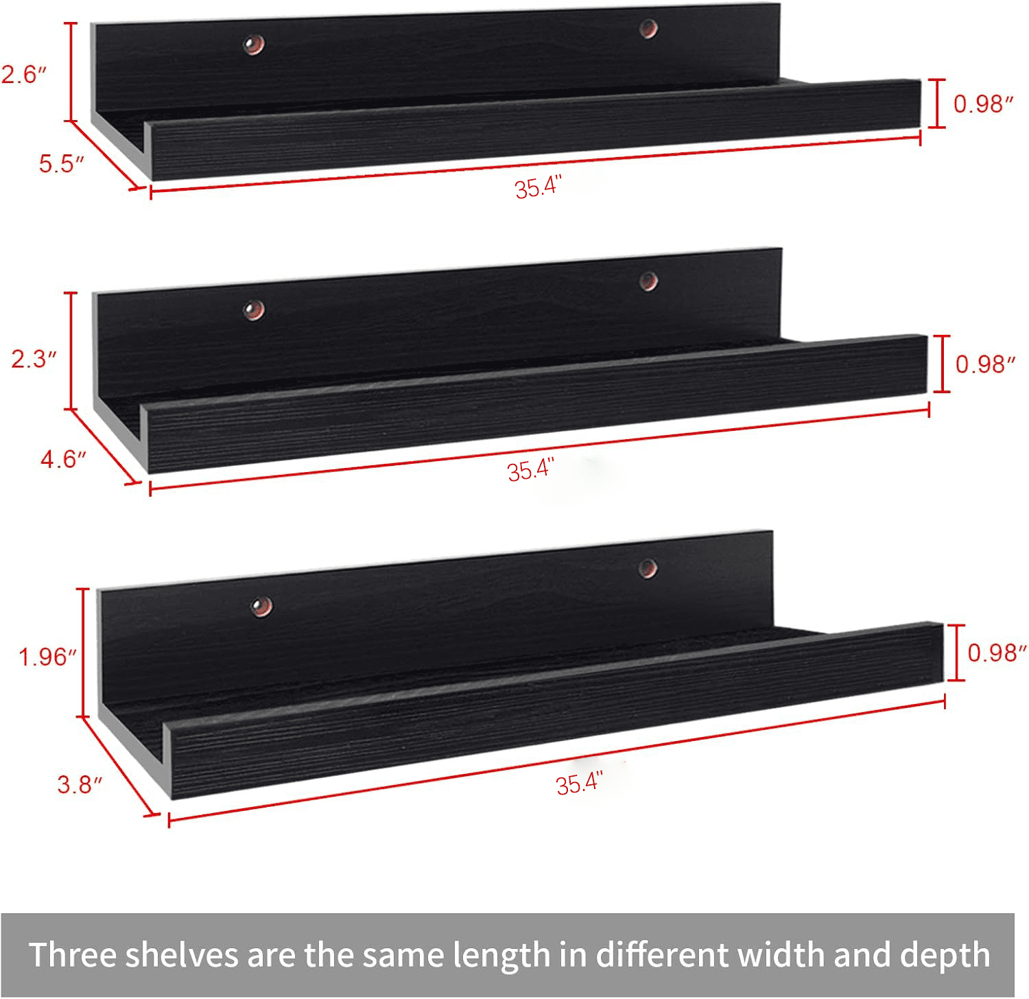 Floating Wall Shelves Set of 3, 36 inch Mounted Picture Ledge Shelf with Lip for Bathroom, Living Room, Kitchen, Black