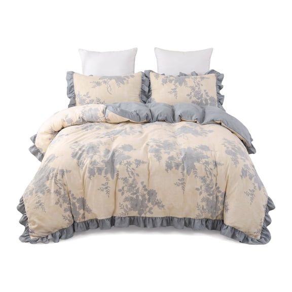 Unbranded Queen Comforter Set, Ruffle Floral Bedding Set, 5 Pieces, Blue Vintage Botanical Print, Farmhouse Cottagecore, Soft Lightweight Flowers Comforter, All Season, Pillowcases & Pillows