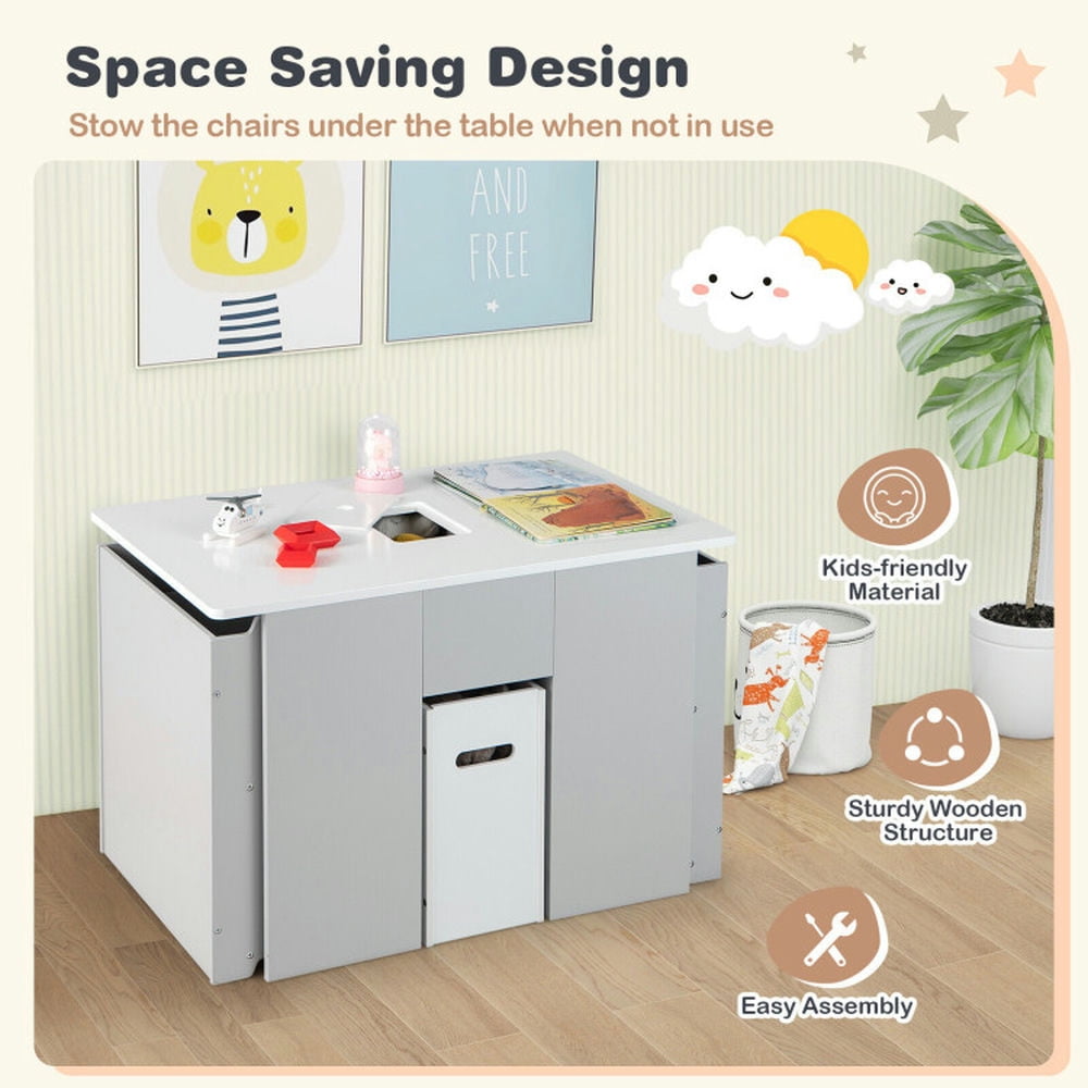 Spaco 4-in-1 Kids Table and Chairs with Multiple Storage for Learning-Gray, Toddler Table and Chair Set for Arts & Crafts, Snack Time, Homeschooling, Homework