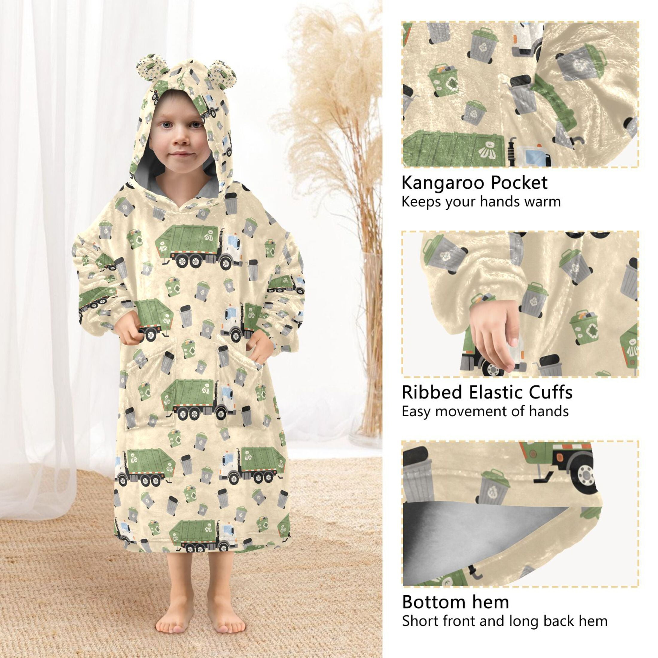 joogoo Blanket Hoodie for Garbage Trucks Oversize Sweatshirt 3-14 YR L