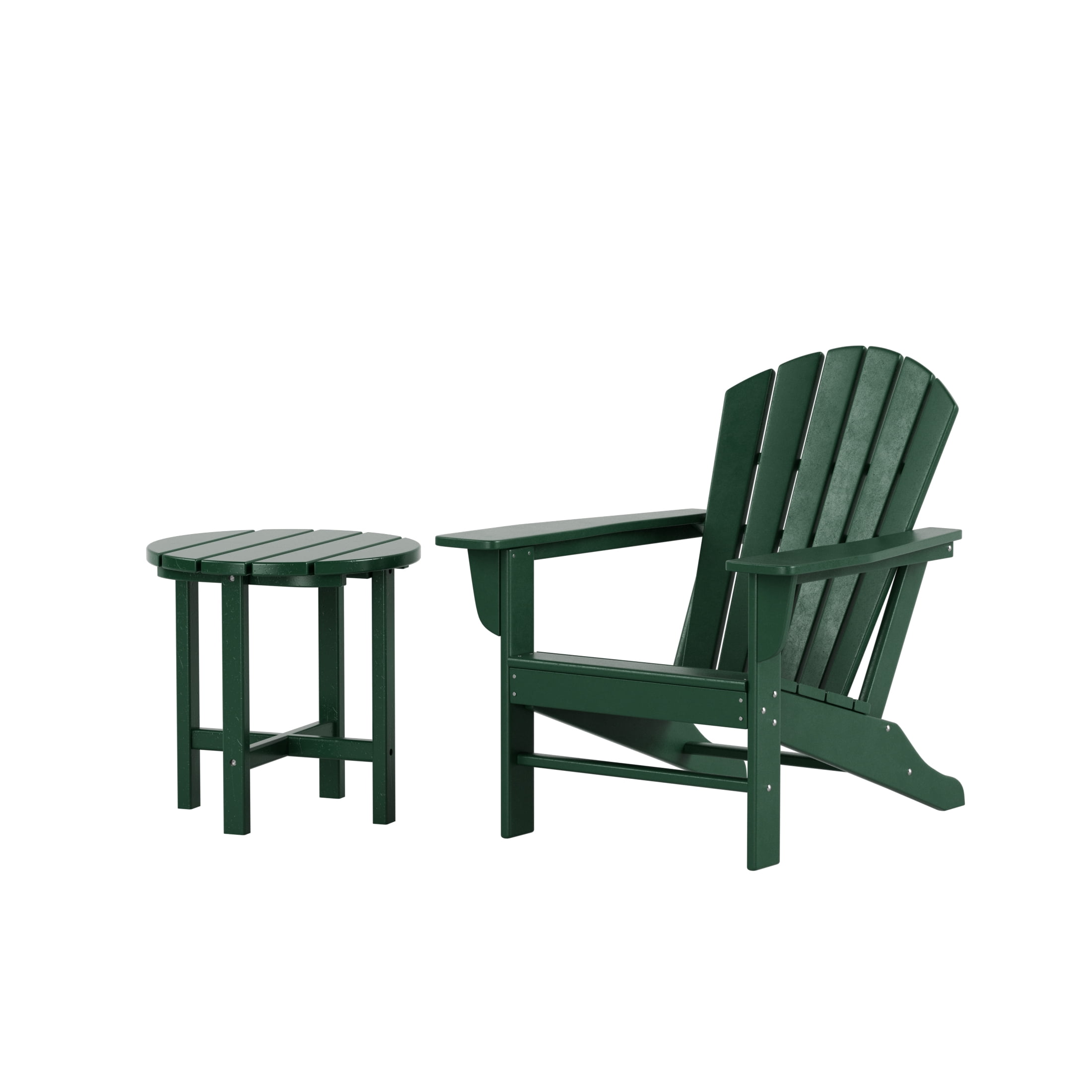 WestinTrends Dylan Adirondack Chair with Side Table, All Weather Poly Lumber Outdoor Seating Patio Conversation Bistro Set, Seashell Curved Slat Backrest, Dark Green