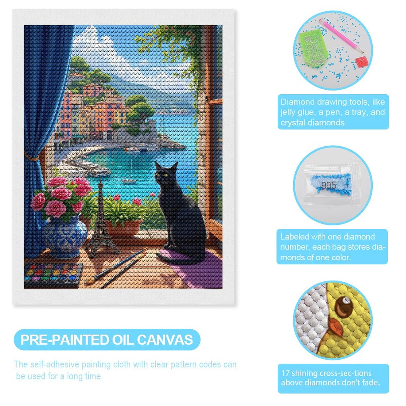 Diamond Art Kits for Adults, Cat By Colorful Harbor View 5D Diamond Painting Kits for Adults Beginners, DIY Full Drill Diamond Painting, Gem Art and Crafts 12x16