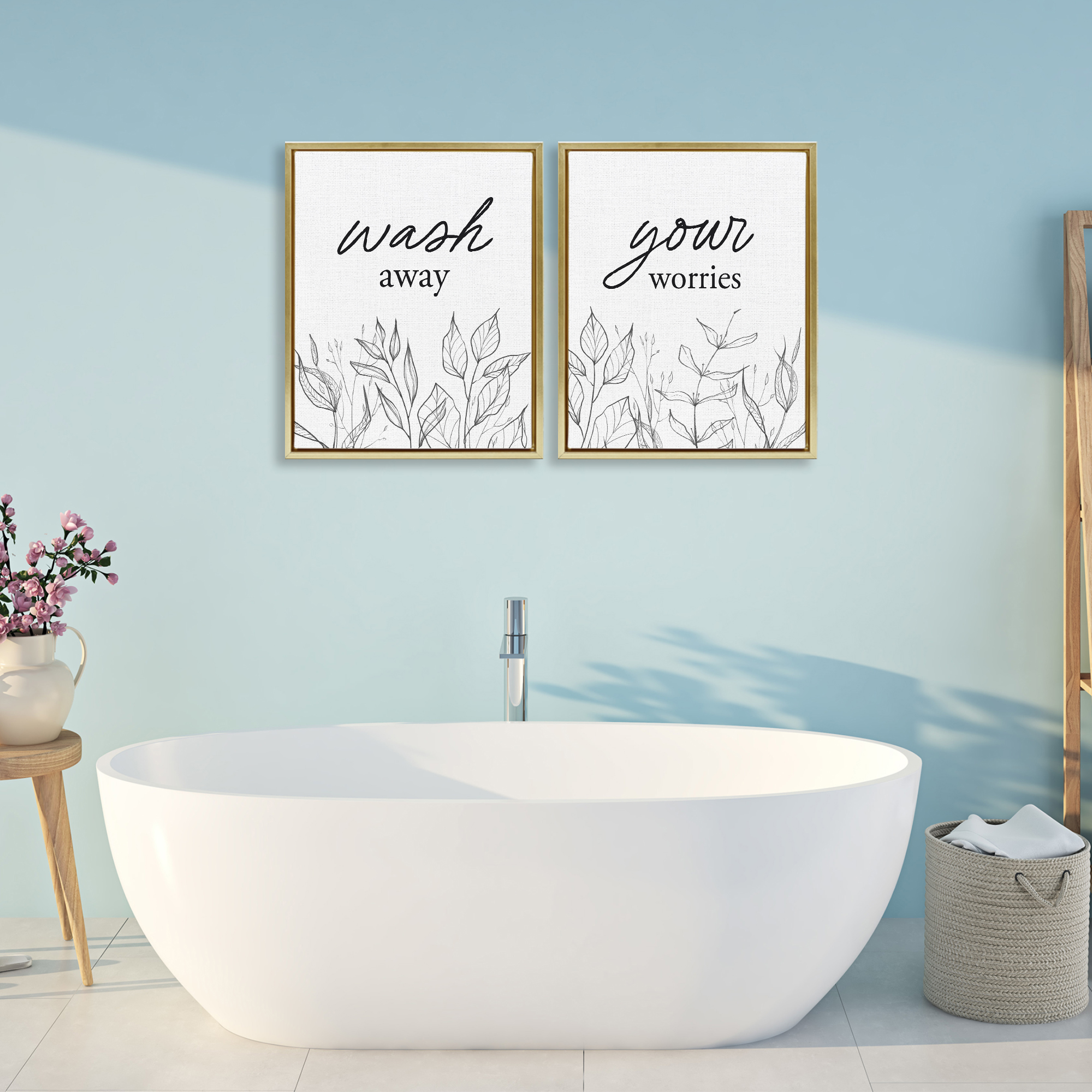 Wash Away Worries Minimalist Leaves 2 Piece Gold Framed Floater Canvas Set, design by Lettered and Lined