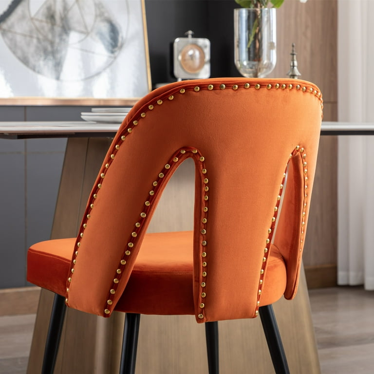 Dining Chairs Cushion Seat Back with Metal Legs Kitchen Dining Room Chair Set Upholstered Velvet Fabric Accent Chair Orange Set of 4