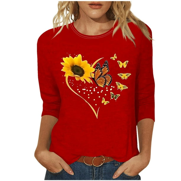 Tops de Cuello Redondo para las Mujeres Moda Impresa 3/4 Mangas Blusa Casual Top, Estante de Imitación