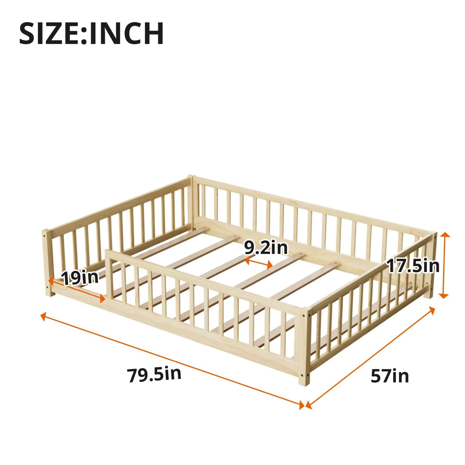 Full Floor Bed for Kids Toddlers, Multifunctional Montessori Bed Frame with Safety Guardrails and Wood Slats, Without Door, Easy Assemble, Natural