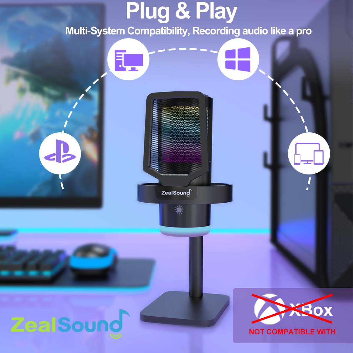 ZealSound Gaming USB Microphone with RGB Light, Noise Cancelling, Echo and Mute Control, Plug & Play Condenser Mic for PC, Streaming, Podcast, and Recording on Mac & Window
