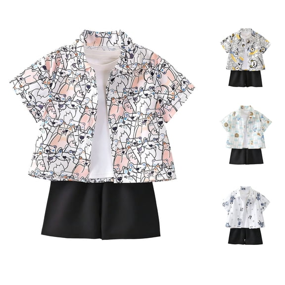 BOVXNPU Boys Girls Summer Clothing Sets, Boys' Summer Hawaiian Print Flap Collar Button Up Short Sleeve Elastic Waist Shorts 2 Piece Set Short Sleeve Flap Collar Set Summer Outfits