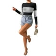 thumbnail image 4 of Womens Bodysuit Tummy Control Body Suit Long Sleeve Crew Neck Ribbed Color Block Shirt Tops, 4 of 6