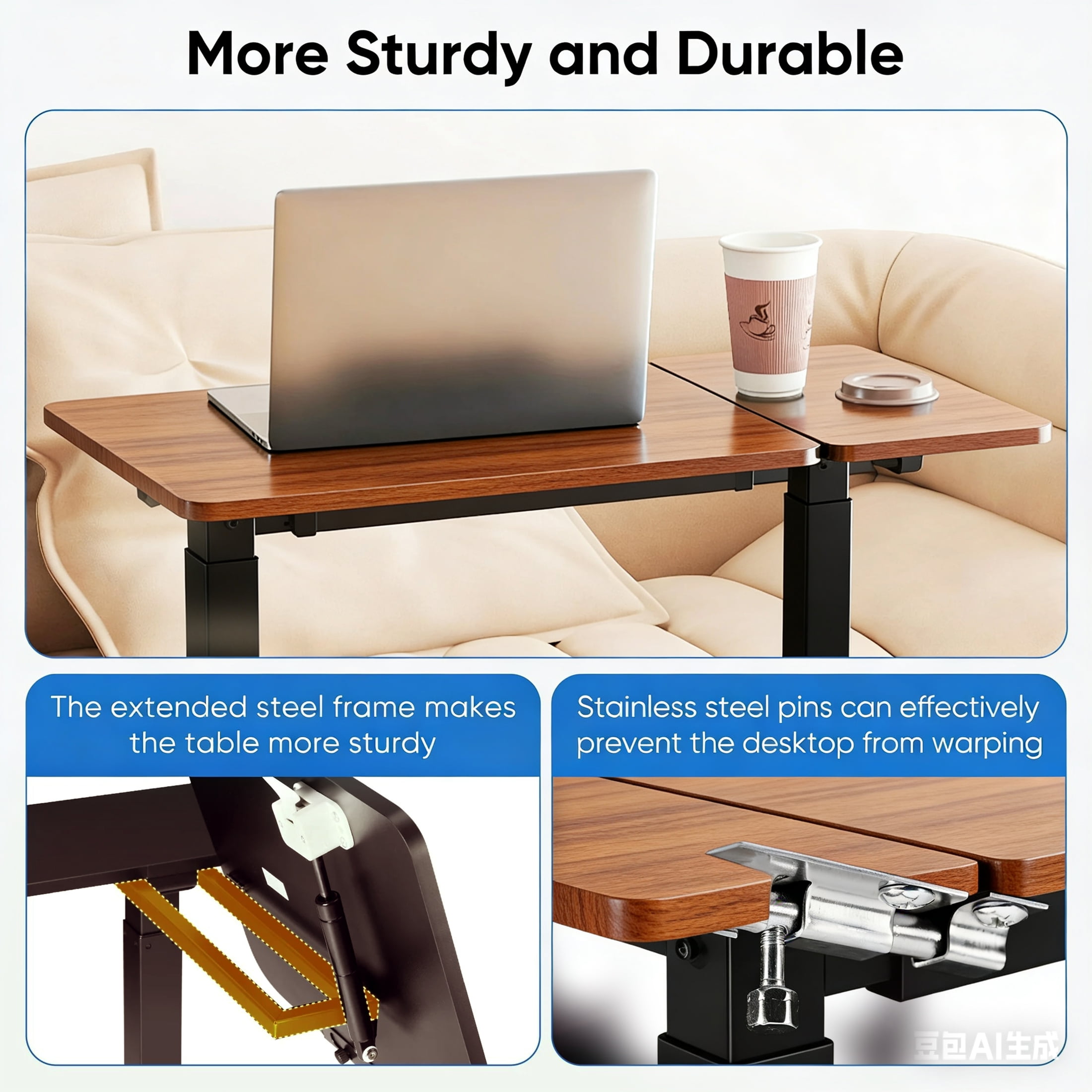 ZUNMOS Overbed Bedside Lap Desk with Wheels and Tilt Top, Mobile Standing Lap Desk Pneumatic Adjustable Height for Home Office Bedroom Sofa, Brown